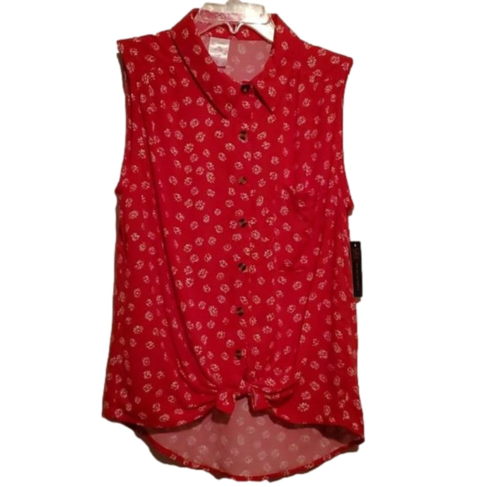 NWT No Boundaries Red Floral Sleeveless Tie Front Top Size Large (11/13)